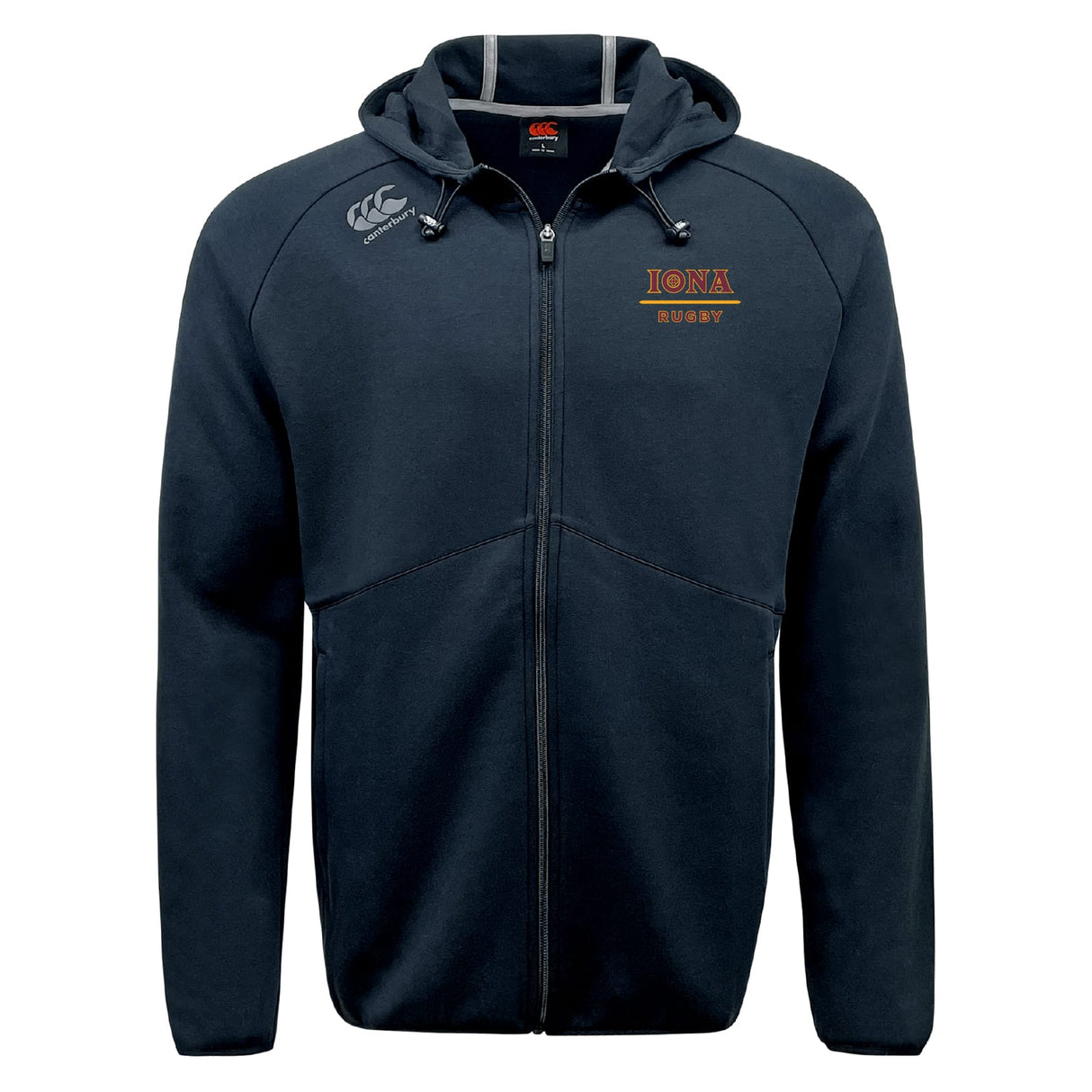 The EMB Canterbury Iona College Tempo Vapodri Full-Zip Hoodie features a zip-up front, hood, "Canterbury" logo on the right chest, and "IONA RUGBY" in red and gold on the left. Moisture-wicking fabric keeps you comfortable anywhere.