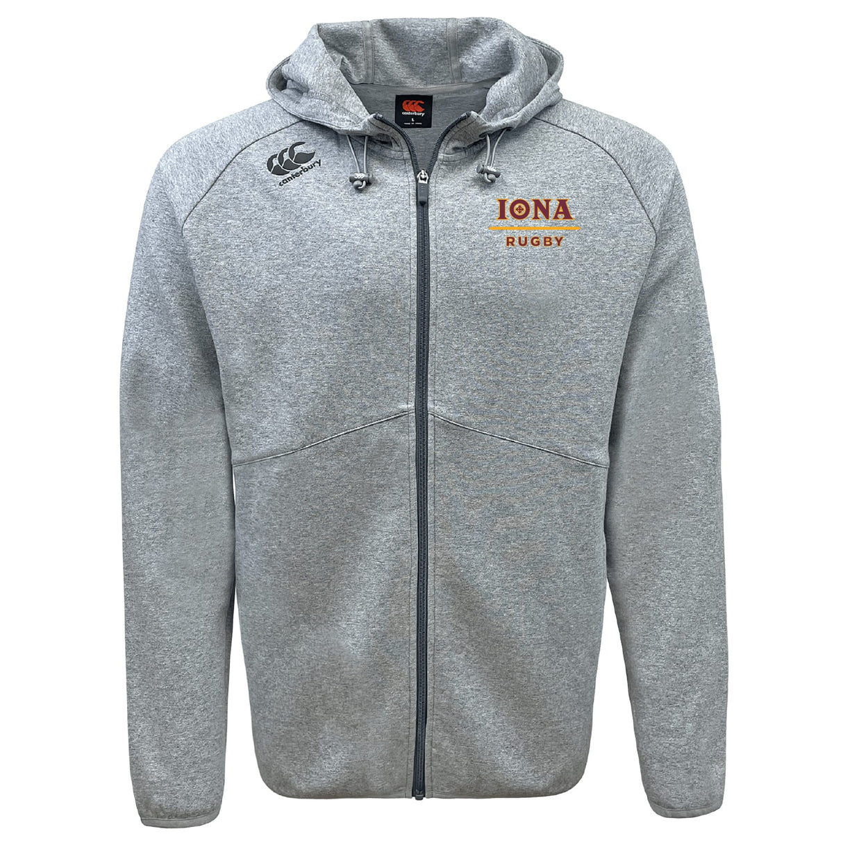 The Iona College Tempo Vapodri Full-Zip Hoodie by EMB Canterbury features a hood, drawstrings, "Iona Rugby" embroidery on the left chest, moisture-wicking fabric, and the Canterbury logo on the right chest.