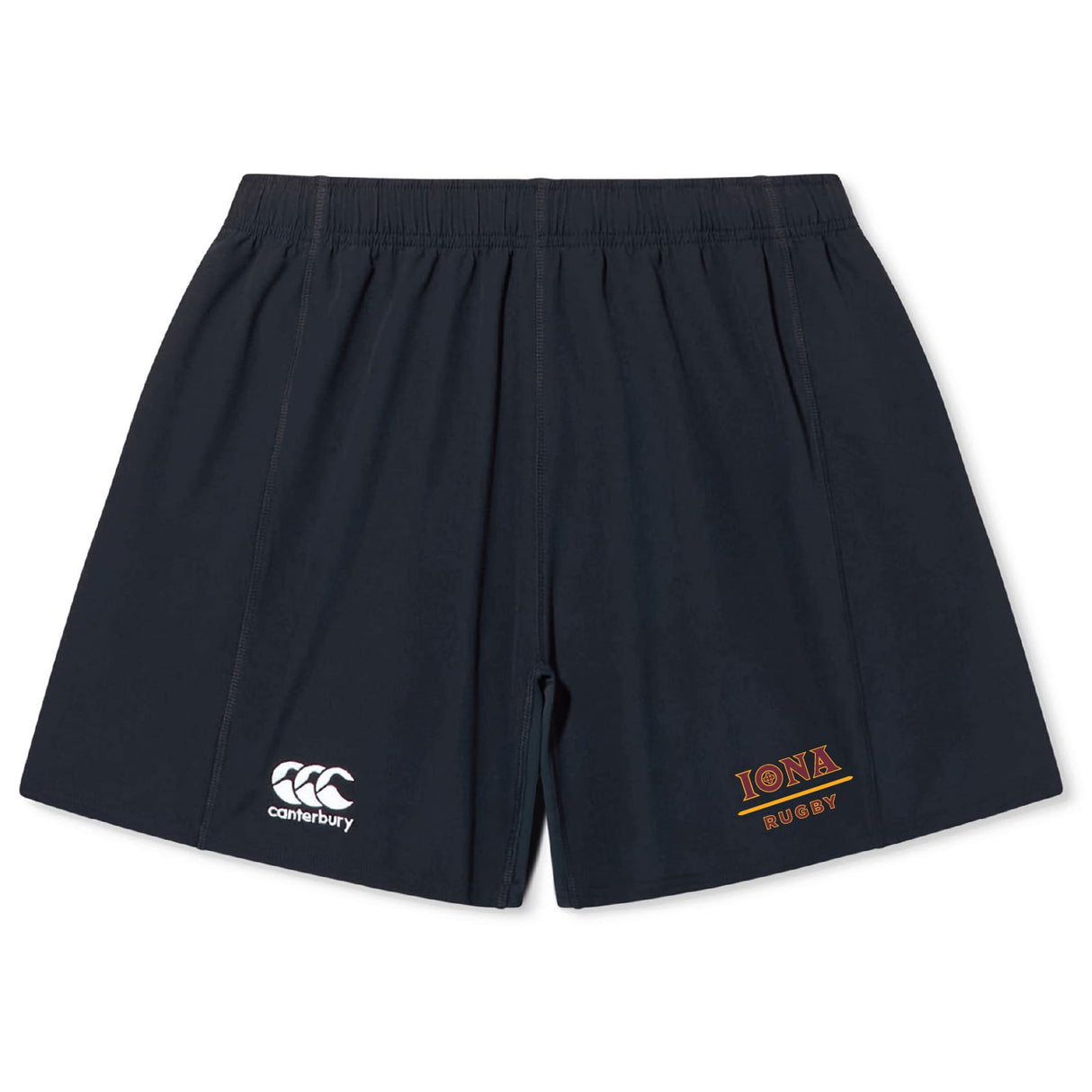 The Iona College Yokohama Short by EMB Canterbury features a navy blue design with an elastic waistband, white Canterbury logo on the left leg, and orange "IONA RUGBY" branding on the right—ideal for match day comfort.