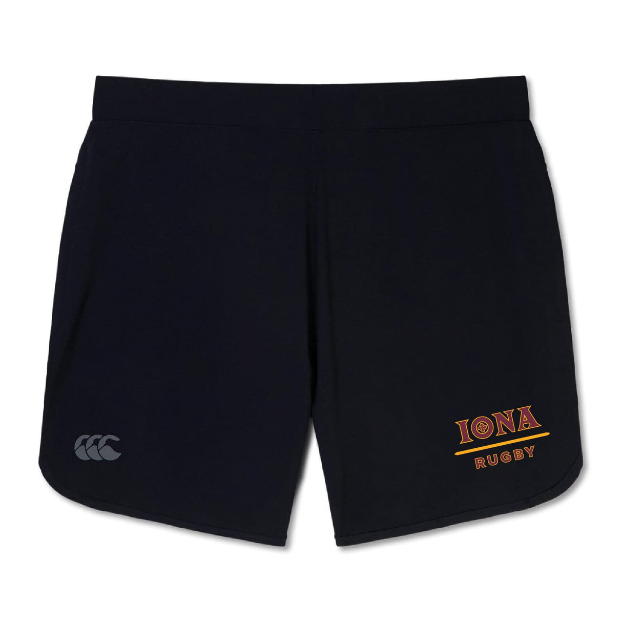 The Iona College Women's Elite Woven Short by EMB Canterbury features zippered pockets, a Canterbury logo on the left leg, and "Iona Rugby" text and logo on the right. Perfect for athletic training and secure storage.