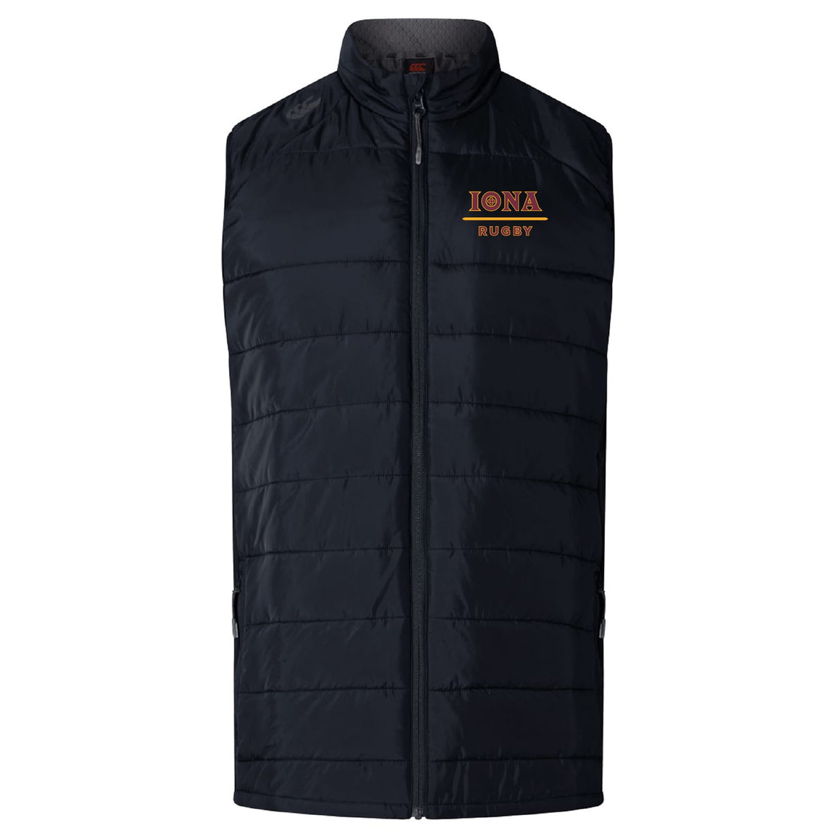 The Iona College Elite Microlite Gilet by EMB Canterbury is a black, quilted, sleeveless vest with a front zipper, insulated baffles, and "IONA RUGBY" in gold and red on the left chest.