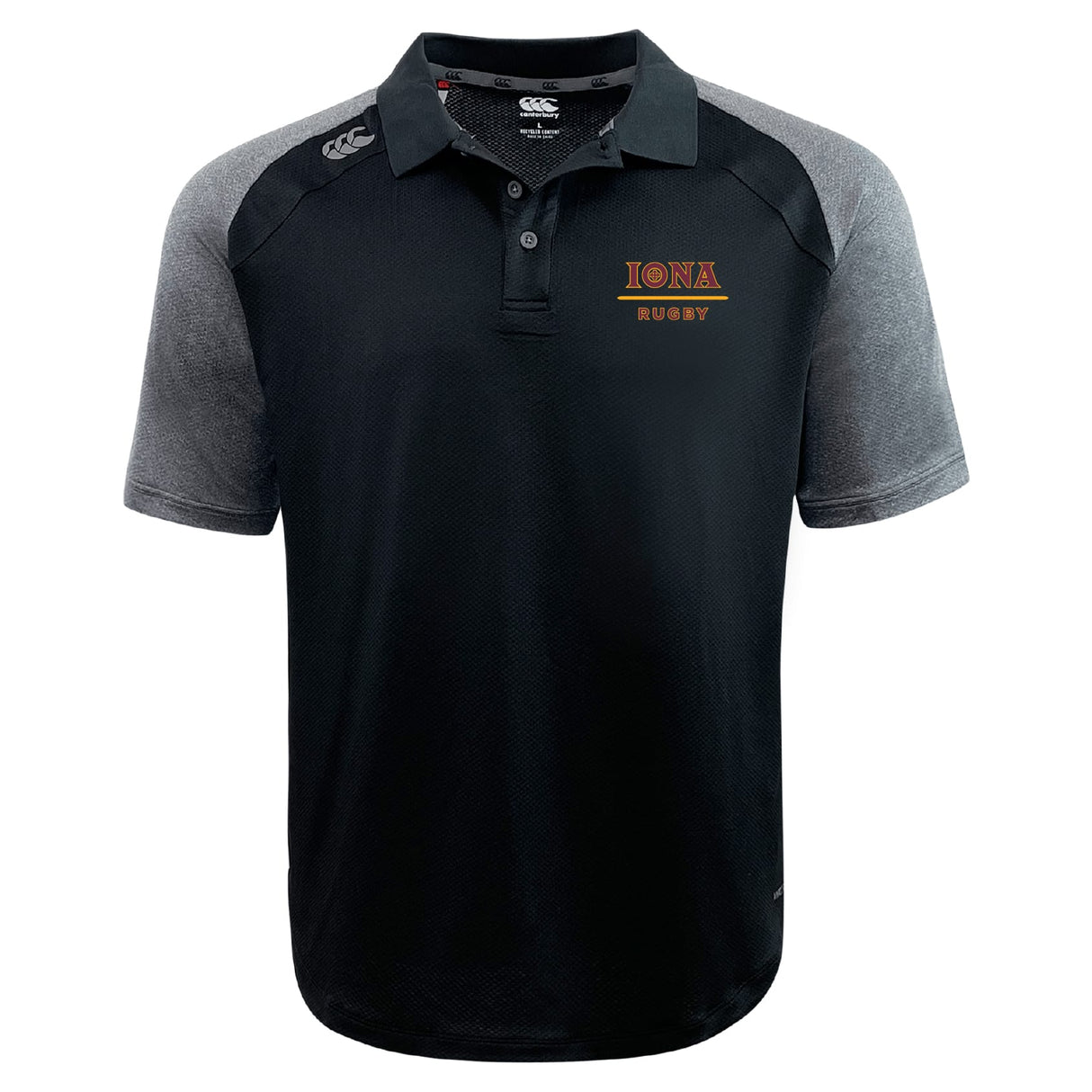 The Iona College Elite Polo by EMB Canterbury features black and gray short sleeves, the "Iona Rugby" red/yellow logo on the left chest, and lightweight Vapodri fabrics for active comfort.