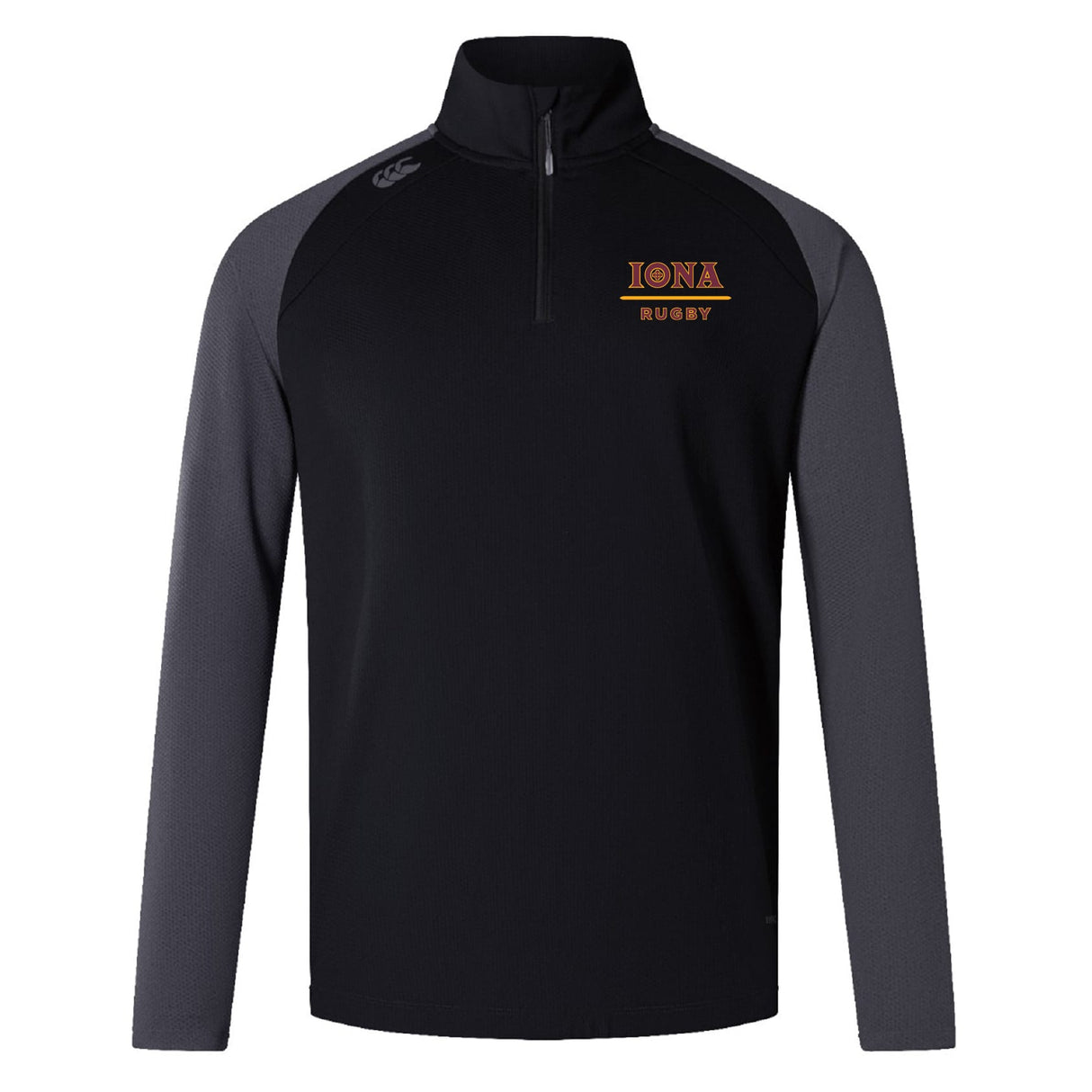 The Iona College Elite First Layer by EMB Canterbury is a black and grey quarter-zip pullover with "IONA RUGBY" text and logo on the left chest, Canterbury logo on the right shoulder, and VapoDri tech for comfort during training.