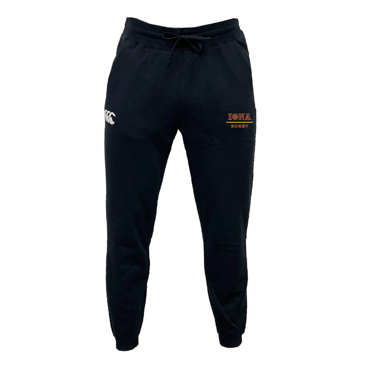 The Iona College Leisure Sweatpant by EMB Canterbury features recycled polyester, a drawstring waist, the CCC logo on the left leg, and "Iona Rugby" on the right thigh.
