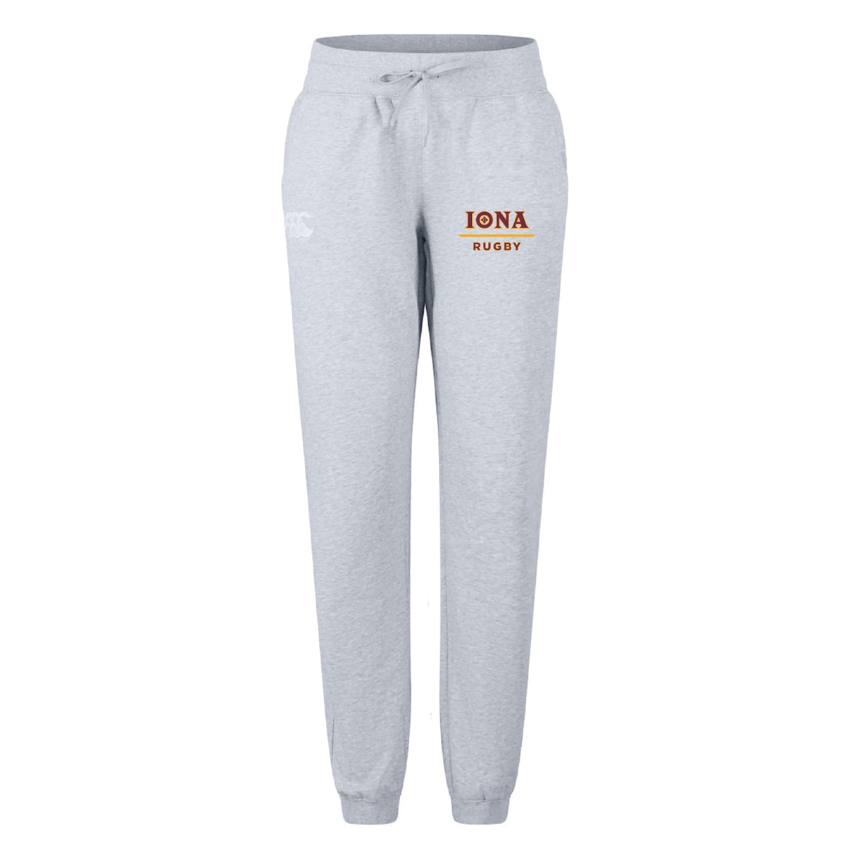 The Iona College Women's Leisure Sweatpant by EMB Canterbury is a light gray, soft organic cotton pant with a drawstring waist, "IONA RUGBY" in maroon and gold on the left thigh, and a small white logo on the right thigh.