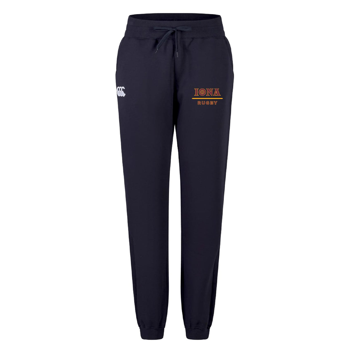 The Iona College Women's Leisure Sweatpant by EMB Canterbury features a navy blue color, drawstring waist, cuffed ankles, white logo on the left thigh, and "IONA RUGBY" in orange and gold on the right thigh. Made from soft organic cotton for comfort.