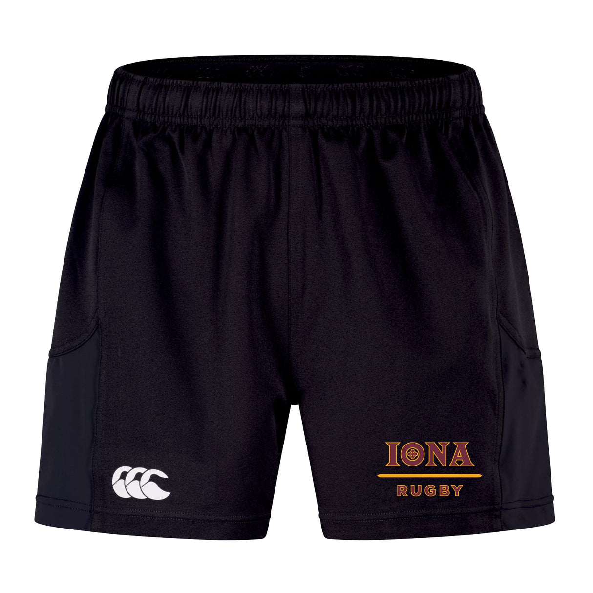 The Iona College Advantage Short 2.0 by EMB Canterbury features an elastic waistband and Iona Rugby logo, making these athletic rugby shorts ideal for athletes seeking performance, quality, and comfort.