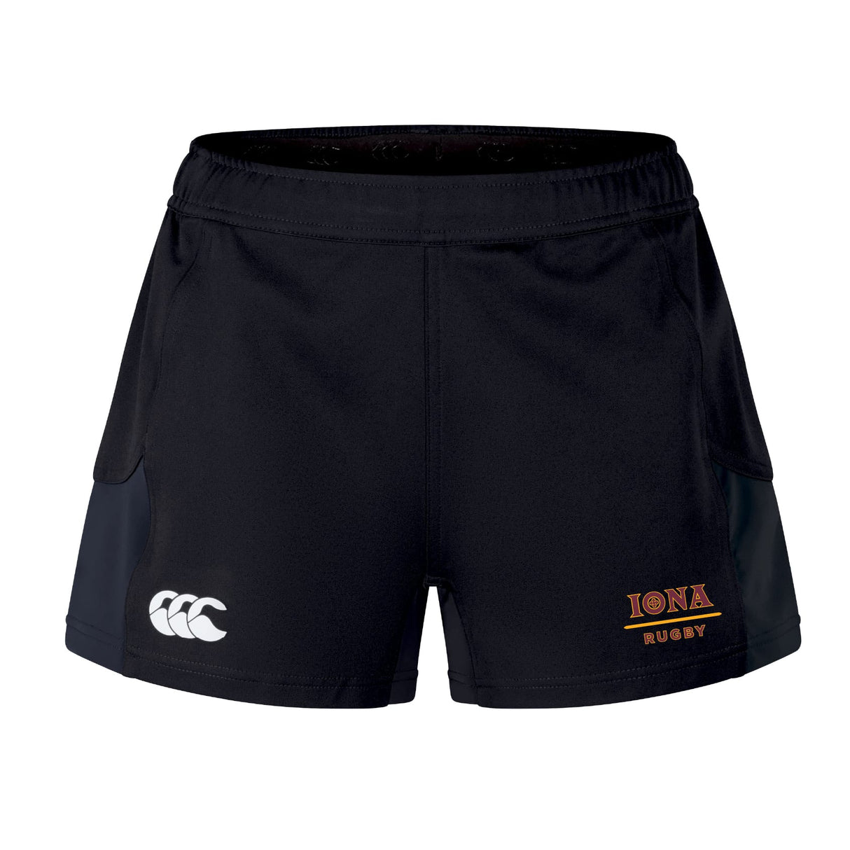 The Iona College Women's Advantage Short 2.0 by EMB Canterbury blends style and sustainability, featuring a white Canterbury logo and bold orange "IONA RUGBY" text—ideal athletic shorts for active lifestyles.