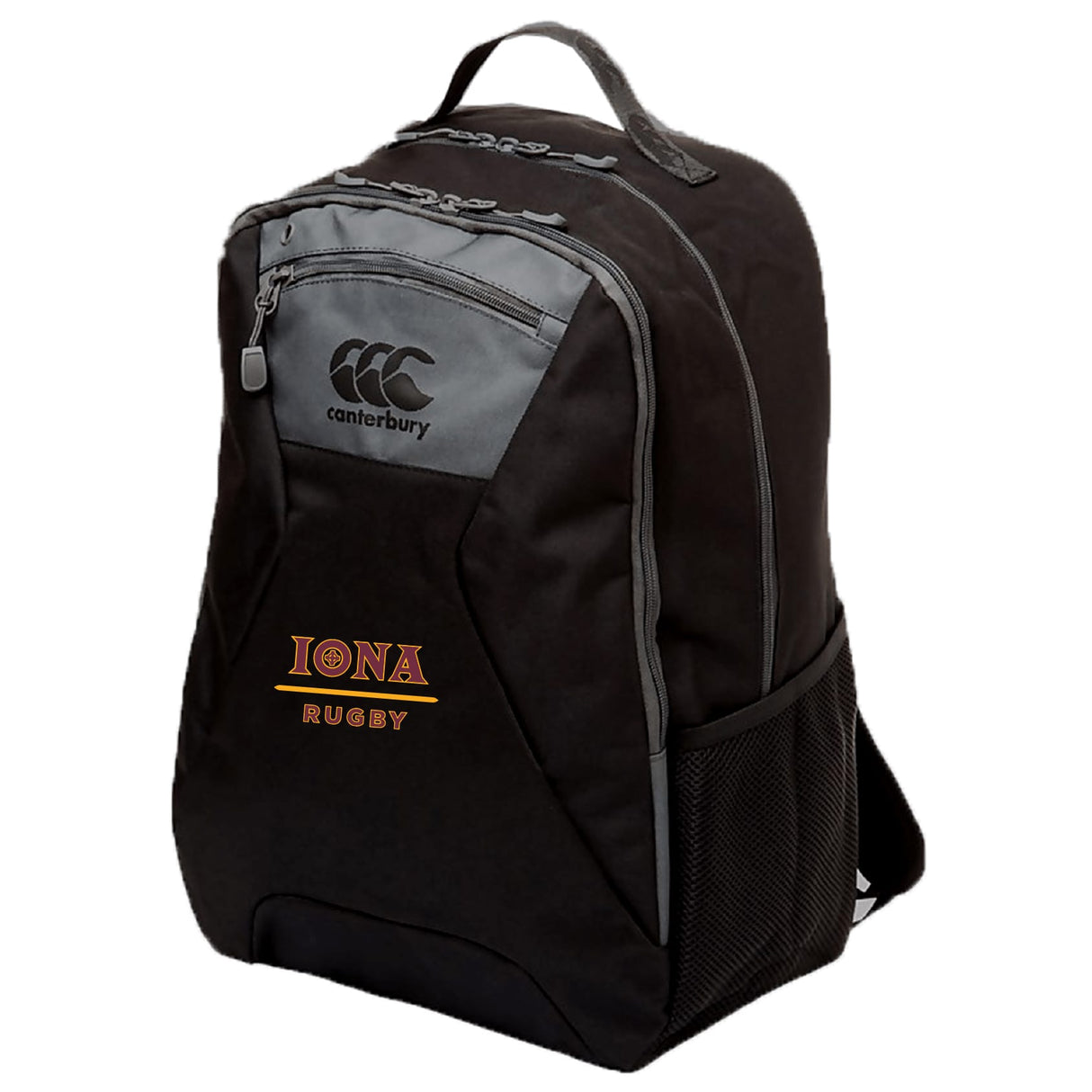 The Iona College Medium Backpack by EMB Canterbury features gray zippers, a mesh side pocket, a front "IONA RUGBY" logo, padded laptop pocket, and water repellent design—ideal for everyday use.