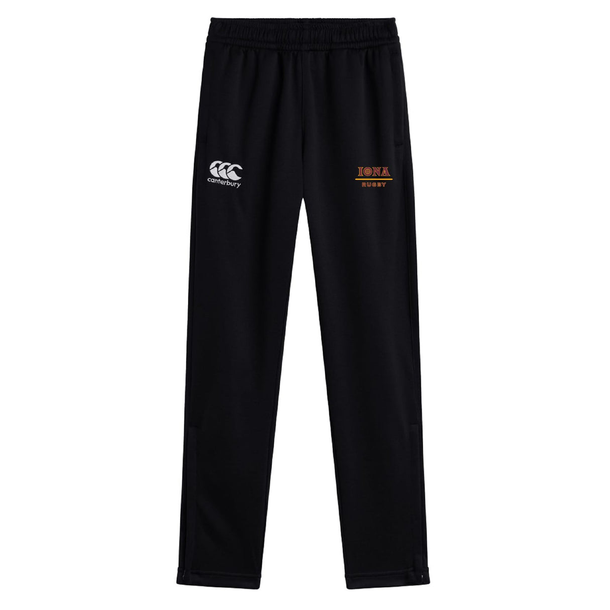The Iona College Stretch Tapered Pant by EMB Canterbury features an elastic waistband, "IONA RUGBY" text, and the Canterbury logo. Ideal for men, these athletic black pants offer quick-dry comfort and a modern tapered fit for workouts or daily wear.