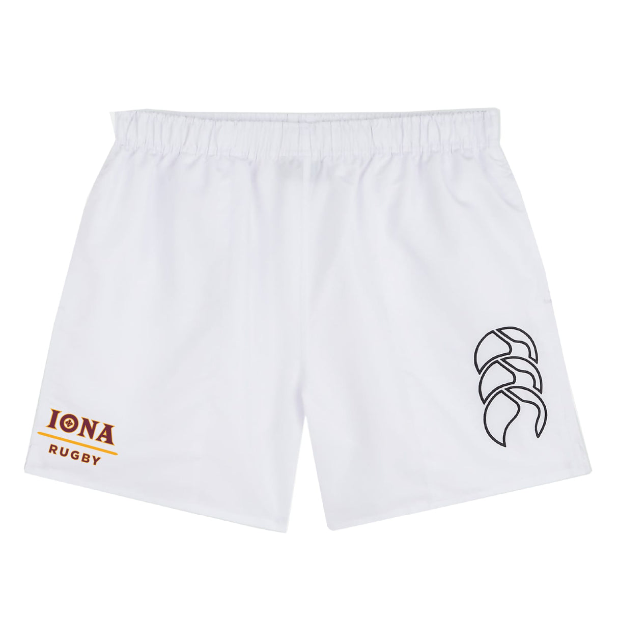 The Iona College Tactic Short by EMB Canterbury features the Iona Rugby logo in red and gold on the left leg and a black Canterbury logo on the right—ideal men's rugby shorts for training or lightweight gym wear.