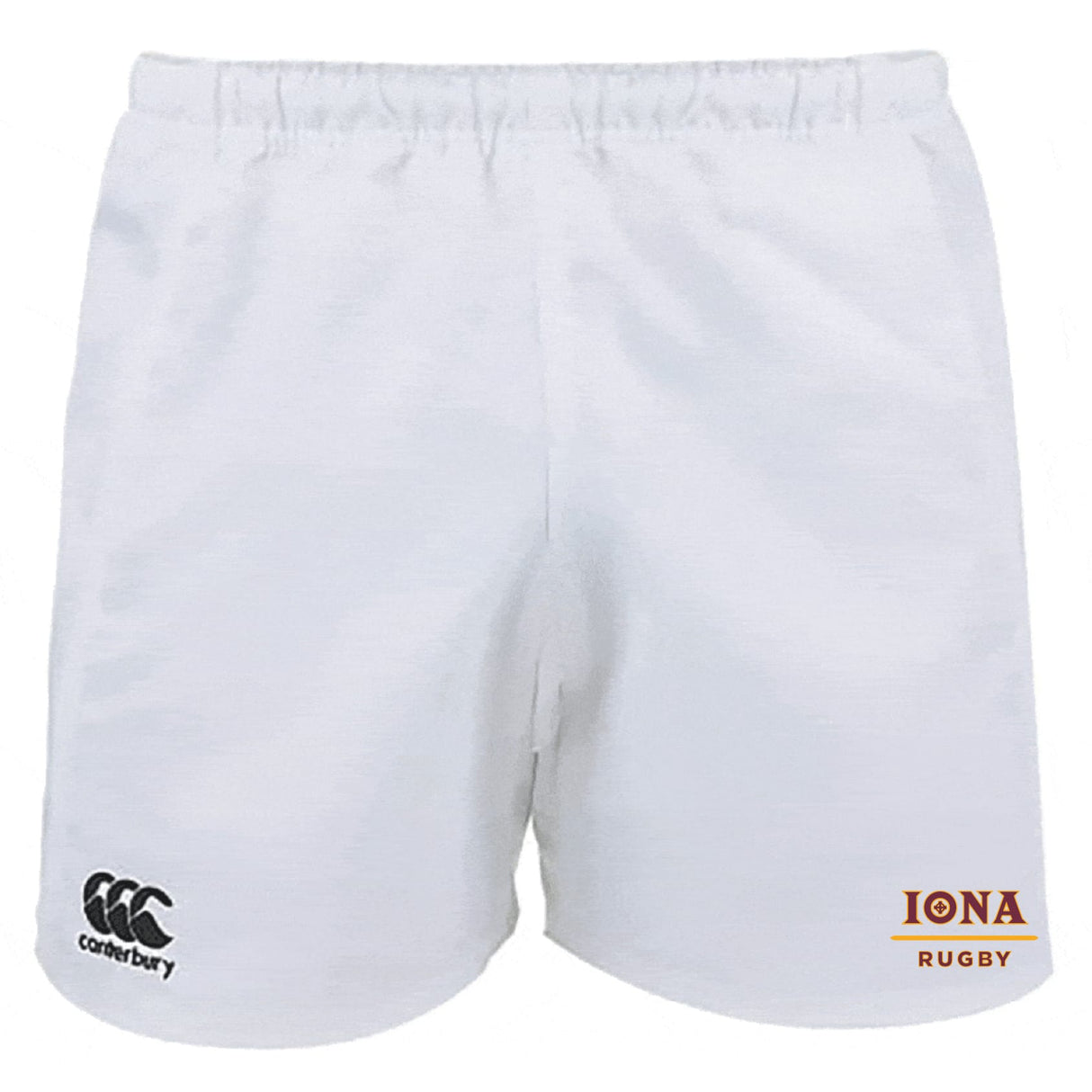 The Iona College Professional Polyester Rugby Short by EMB Canterbury features a black Canterbury logo on the left leg and an orange and brown Iona Rugby logo on the right leg.