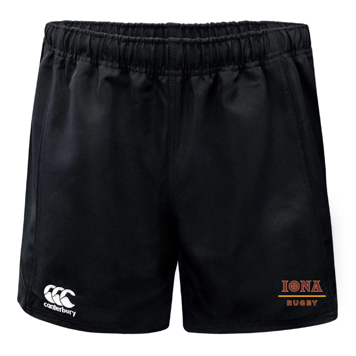Iona College Advantage Rugby Shorts by EMB Canterbury feature the Canterbury logo on the left leg and Iona Rugby logo on the right. These moisture-wicking shorts keep you cool and comfortable on and off the field.