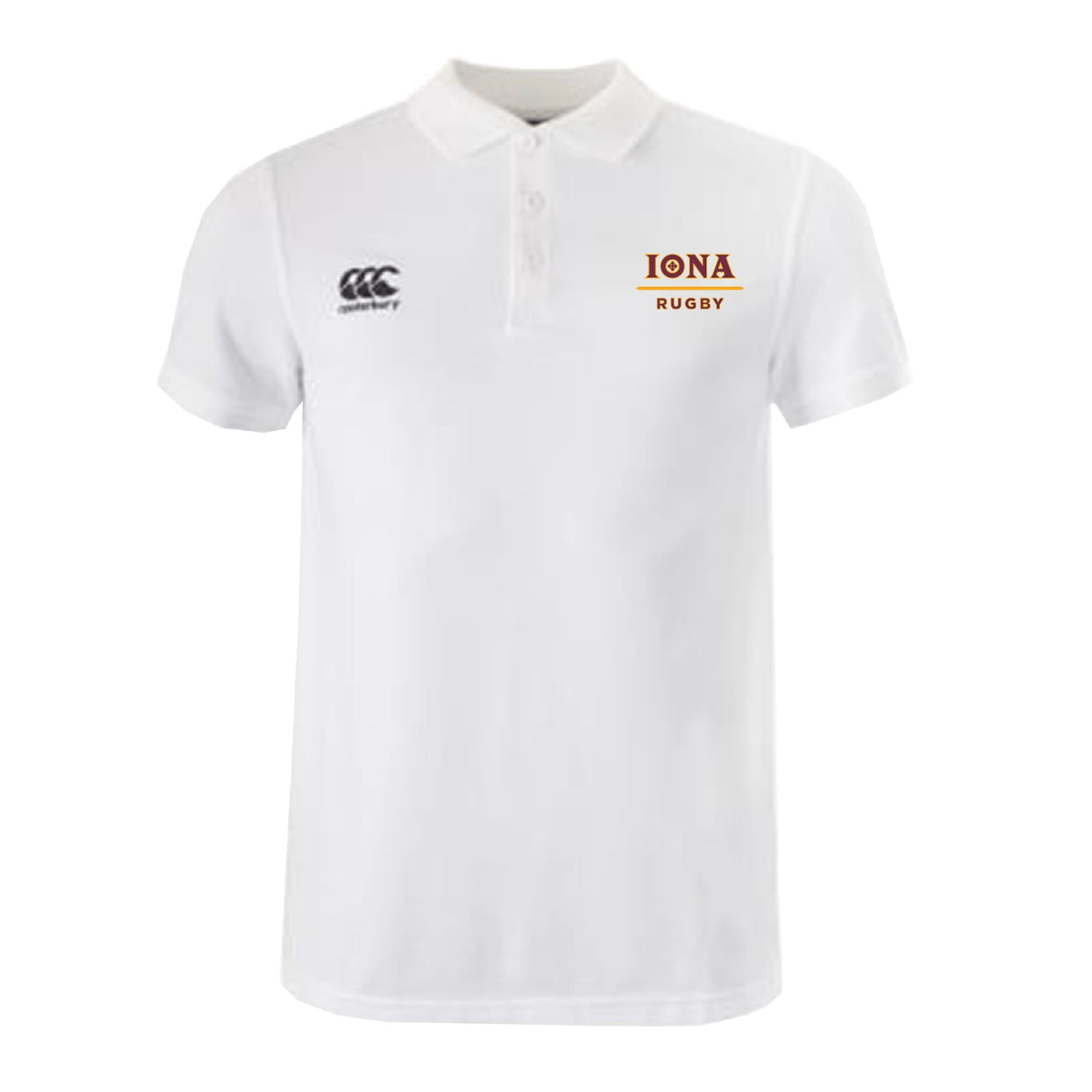 The Iona College Waimak Polo by EMB Canterbury is a white men’s short sleeve shirt with the Canterbury logo on the right chest and "IONA RUGBY" in maroon and gold on the left, in classic CCC Waimak Rugby Polo style.