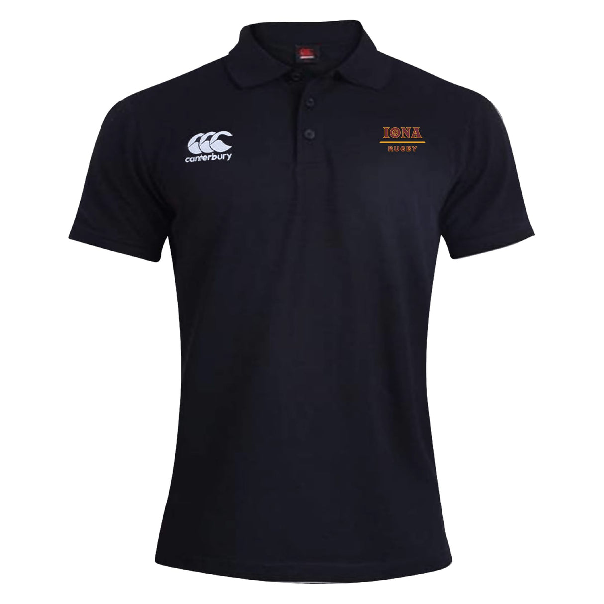 The Iona College Waimak Polo by Canterbury is a black short-sleeve men's polo with the EMB Canterbury logo on the right chest and "IONA RUGBY" on the left, styled in classic CCC Waimak Rugby Polo design.