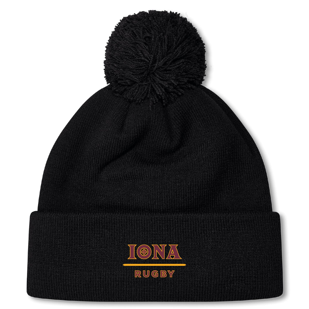 The Iona College Pom Pom Beanie by EMB Canterbury is a black fleece-lined hat featuring a pom-pom and "IONA RUGBY" embroidered in gold and red on the front cuff.