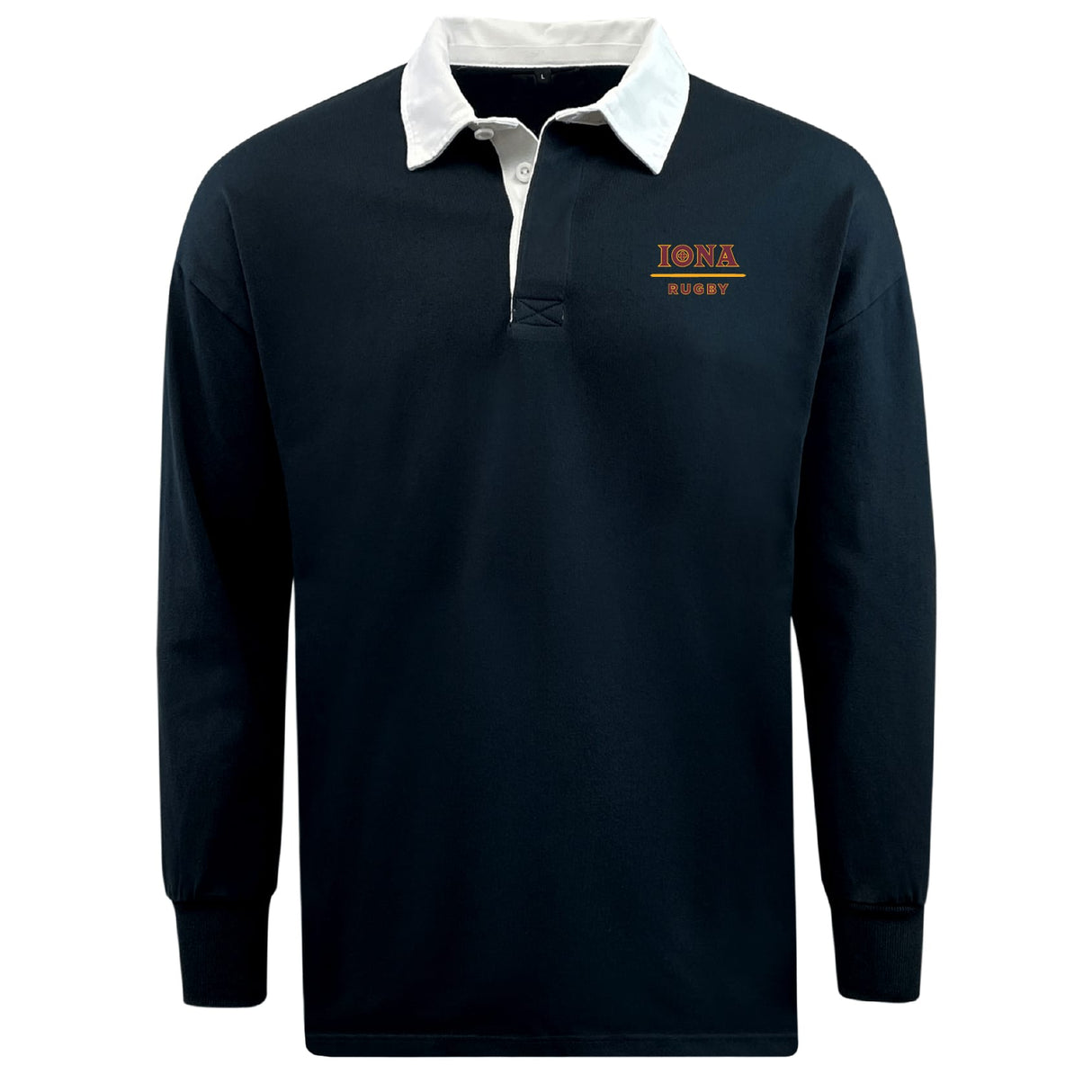 The EMB Mudoo Iona College Classic Long Sleeve Solid Rugby Jersey features a navy body, white collar, and "IONA RUGBY" embroidered in red and gold on the left chest. Made from a durable cotton-poly blend for lasting comfort.