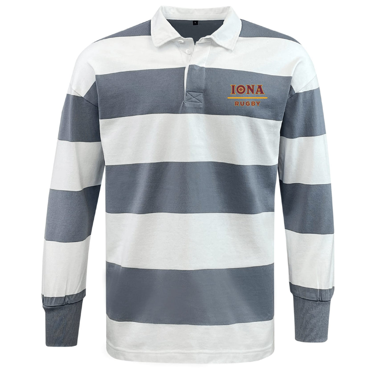 The EMB Mudoo Iona College Classic Long Sleeve Hooped Rugby Jersey features wide white and gray stripes, a white collar, and bold orange "IONA RUGBY" text on the left chest for a timeless, retro style.