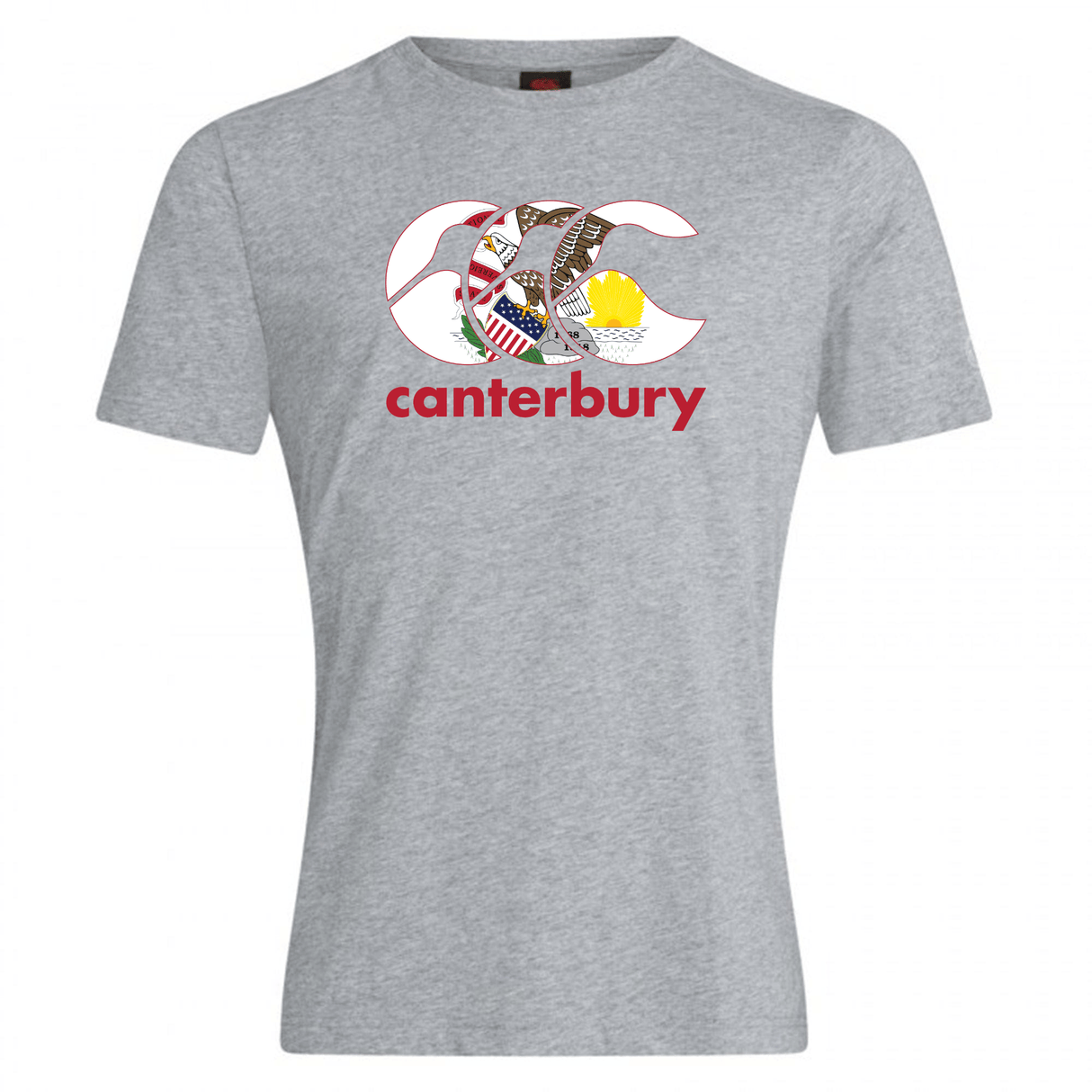 Show your rugby pride in the Canterbury Illinois CCC Flag Club T-shirt by WRS Canterbury, featuring a light grey design with a bold Canterbury Kiwi logo and “canterbury” in striking red text.