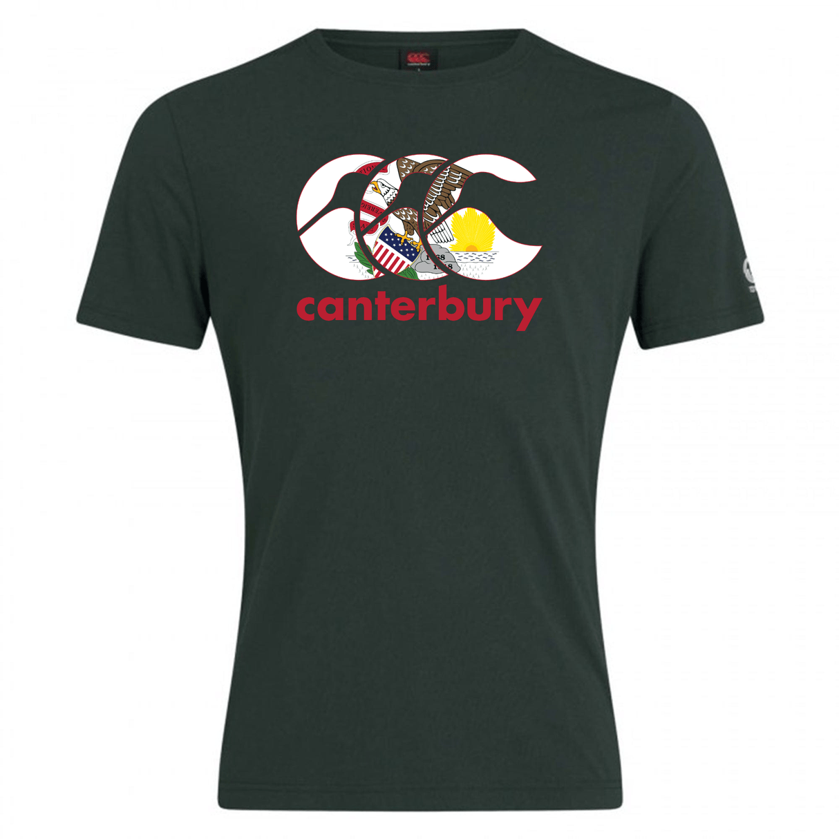 The Canterbury Illinois CCC Flag Club T-shirt by WRS Canterbury is dark green with a white and red "CCC" logo, graphic patterns, and "canterbury" in red on the chest, inspired by the classic CCC Flag Club tee.