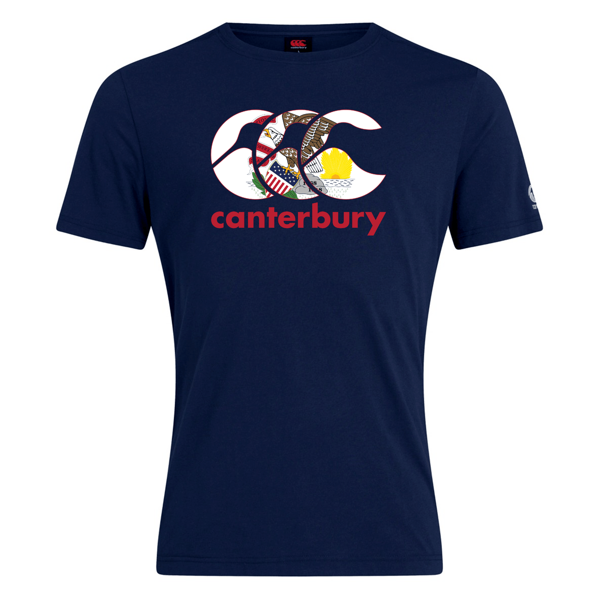 The WRS Canterbury Illinois CCC Flag Club T-shirt is a navy blue rugby tee with a large CCC logo featuring a colorful graphic and "canterbury" below in red, inspired by the classic CCC Flag Club design.