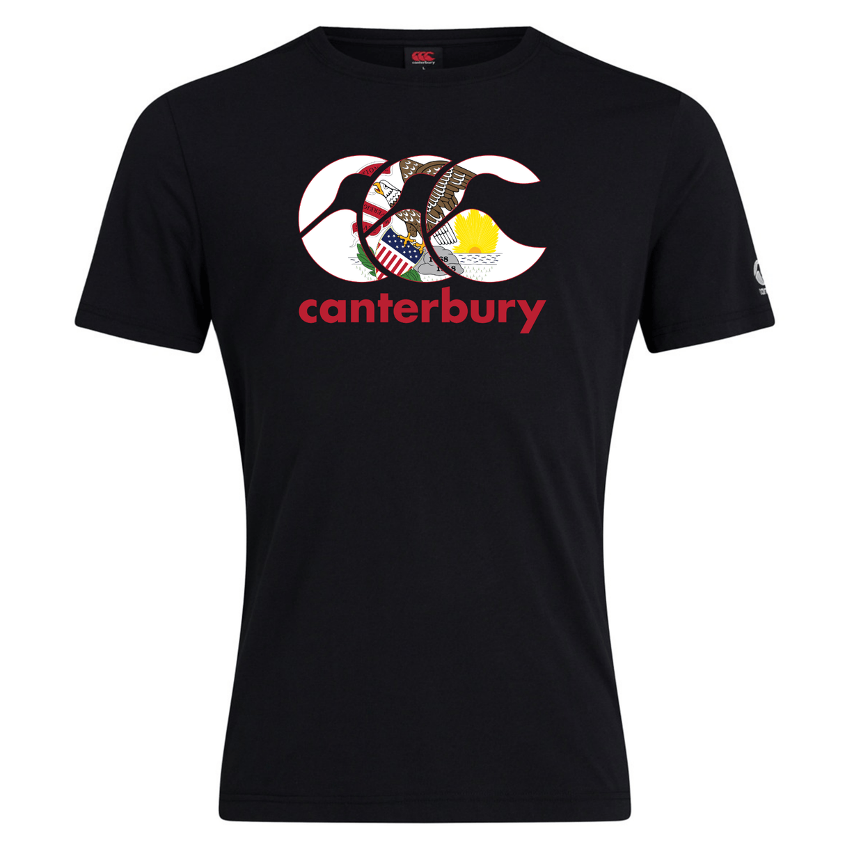 Show your rugby pride in the Canterbury Illinois CCC Flag Club T-shirt by WRS Canterbury, featuring a black short sleeve design with a Canterbury Kiwi Logo, multi-pattern print, and "canterbury" in red across the chest.