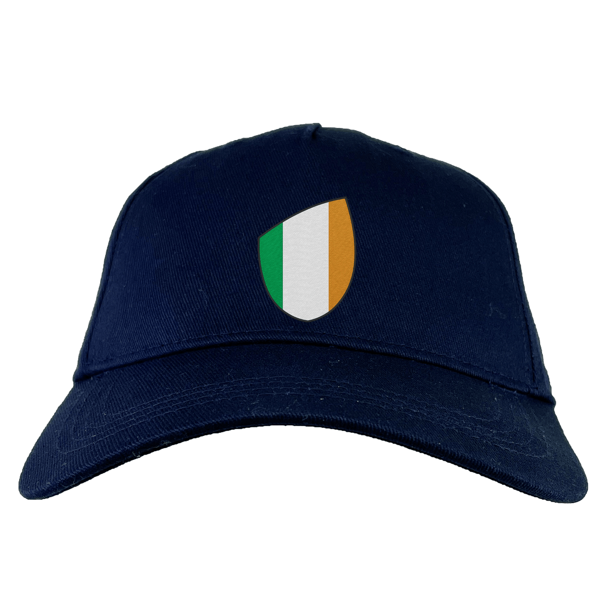 Introducing EMB Canterbury's Ireland Shield Flex Drill Cap: a navy blue accessory with a shield logo featuring elegant green, white, and orange vertical stripes on the front. It perfectly combines heritage and style for any wardrobe.