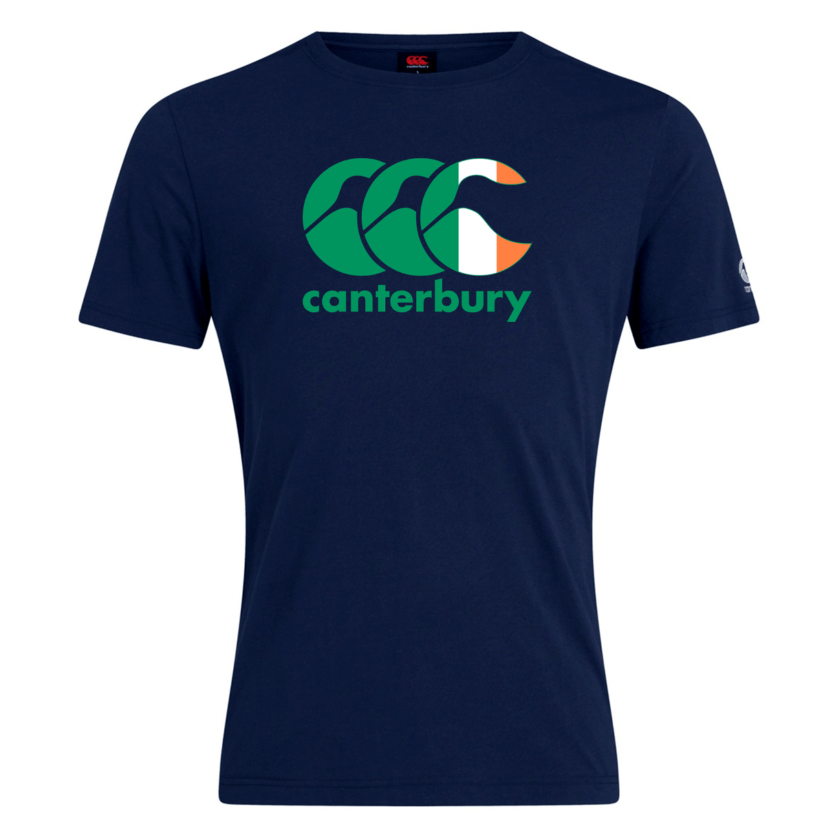 The WRS Canterbury Ireland CCC Flag Club T-Shirt is dark blue and features "Canterbury" text with a vibrant design of green, white, and orange curved shapes, ideal for fans who love rugby style and national pride.
