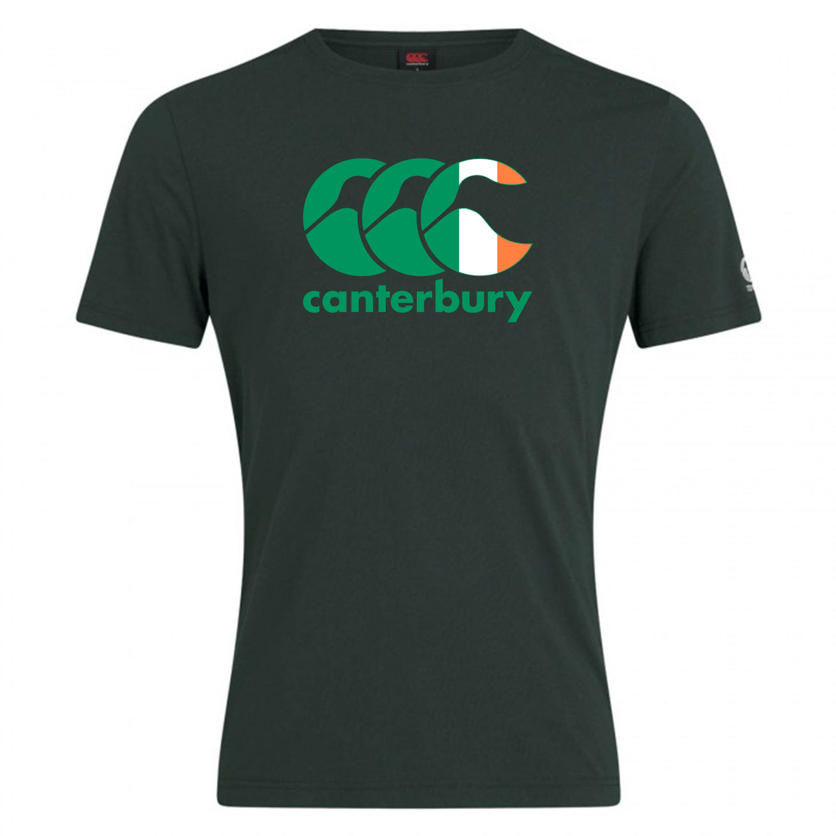 The WRS Canterbury Ireland CCC Flag Club T-Shirt showcases a dark green design with the Canterbury logo in green, white, and orange on the front.