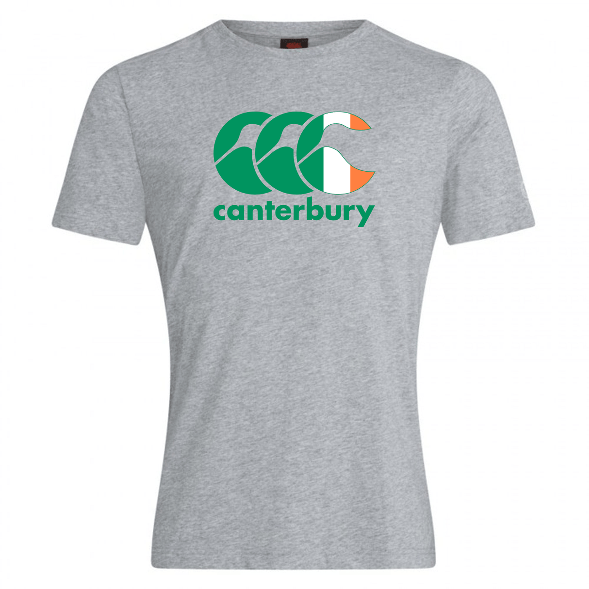 The Canterbury Ireland CCC Flag Club T-Shirt by WRS Canterbury is a gray tee showcasing the iconic green and white logo on the front.