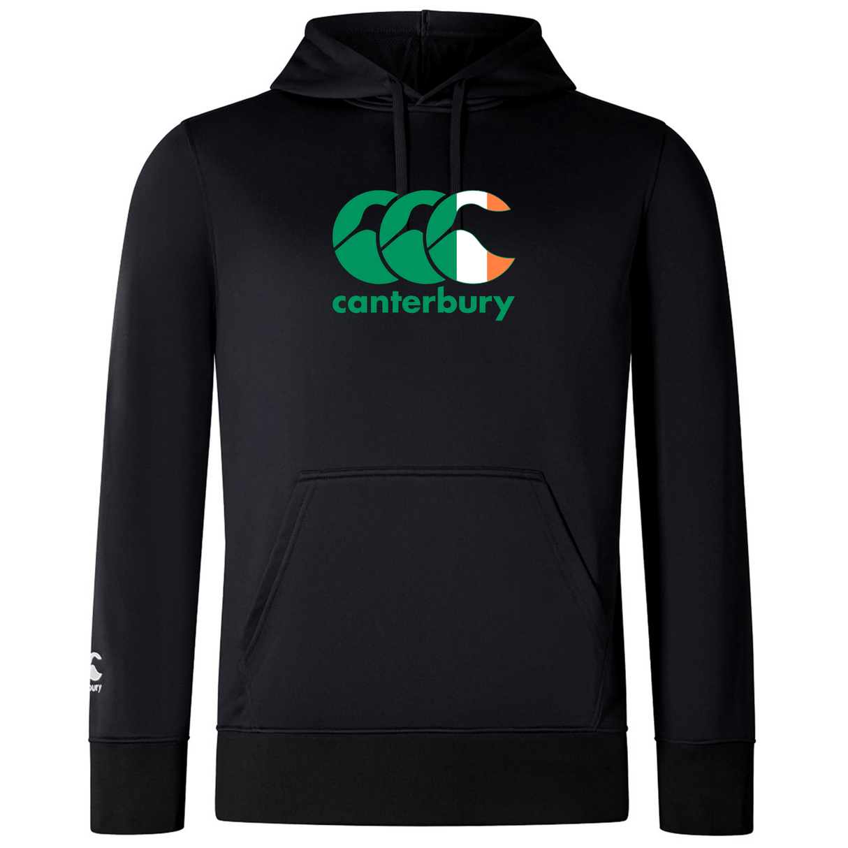 The Canterbury Ireland CCC Club Lightweight Hoodie from WRS Canterbury is black, has a kangaroo pocket, and features the embroidered Canterbury logo in green and orange on the front.