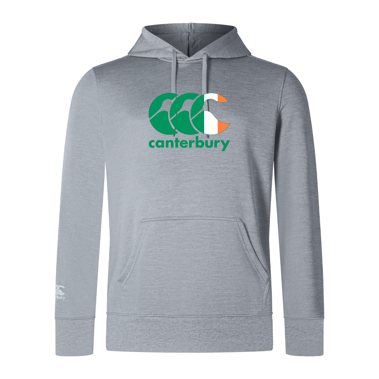 The Canterbury Ireland CCC Club Lightweight Hoodie by WRS Canterbury is gray with embroidered details, a front pocket, and the iconic Canterbury logo in green, white, and orange on the chest. This hoodie effortlessly combines comfort and style.