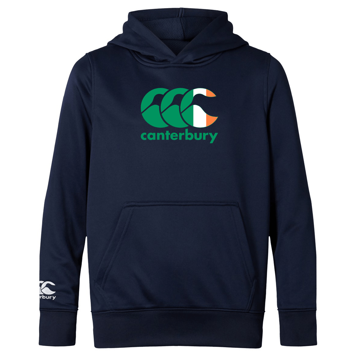 The WRS Canterbury Ireland CCC Club Lightweight Hoodie in navy blue showcases a front logo blending Irish flag colors with "Canterbury" text, features a large front pocket, embroidered details, and has a smaller Canterbury logo on the left sleeve for a stylish and unique look.