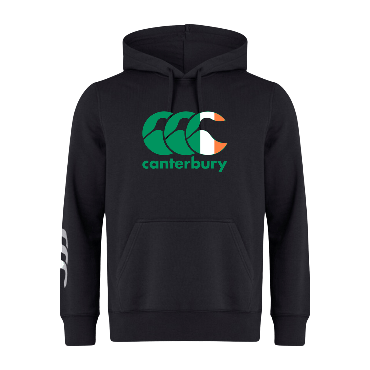 The WRS Canterbury Ireland CCC Flag Club Hoodie is black with a green, white, and orange "Canterbury" logo on the chest and a white logo on the left sleeve.