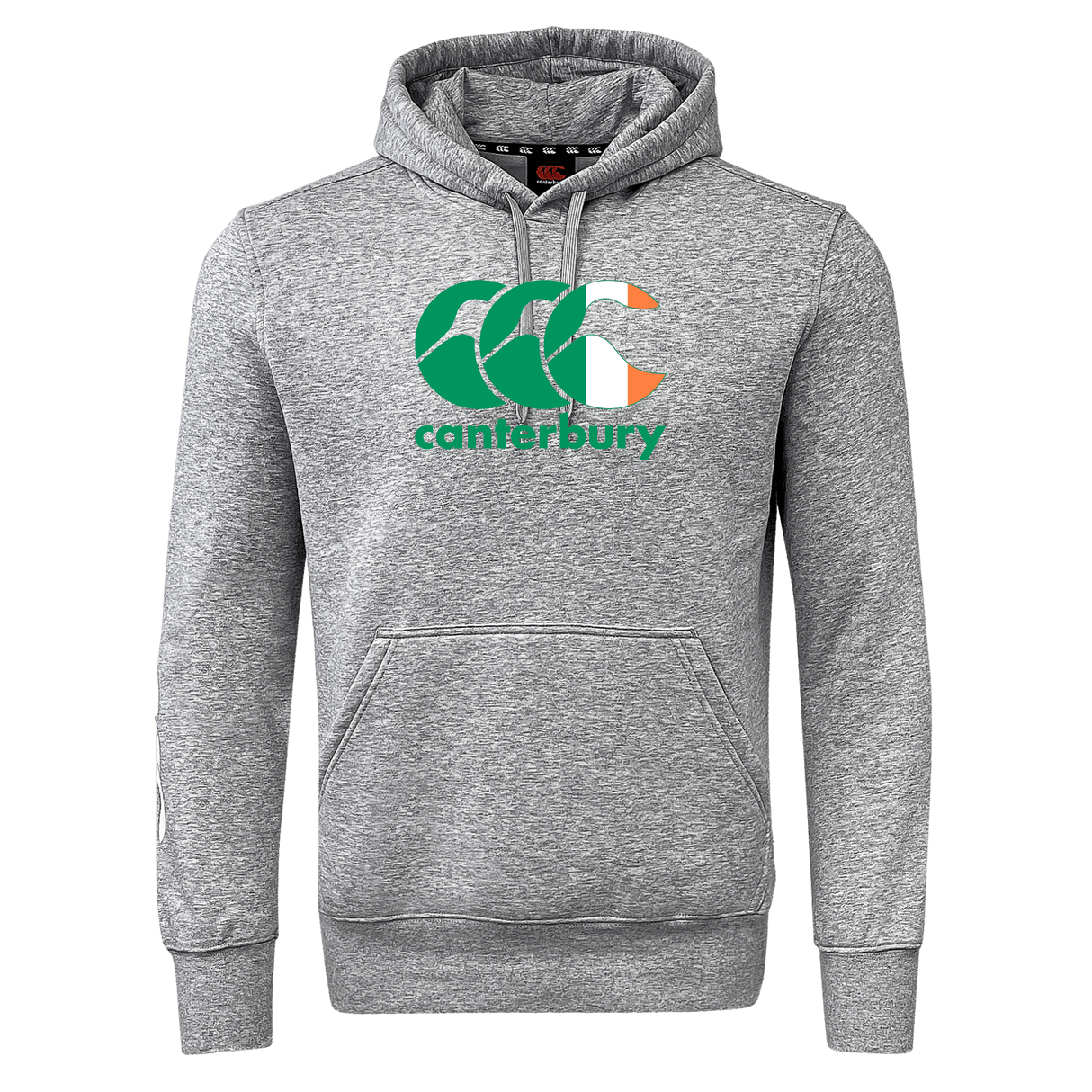 Gray Canterbury Ireland CCC Flag Club Hoodie by WRS Canterbury with a large front pocket and "Canterbury" logo featuring the CCC Flag Design in green, white, and orange.