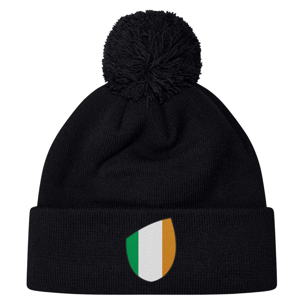 The EMB Canterbury Ireland Shield Pom Pom Beanie features a stylish shield emblem with green, white, and orange vertical stripes, reminiscent of the Ireland flag.