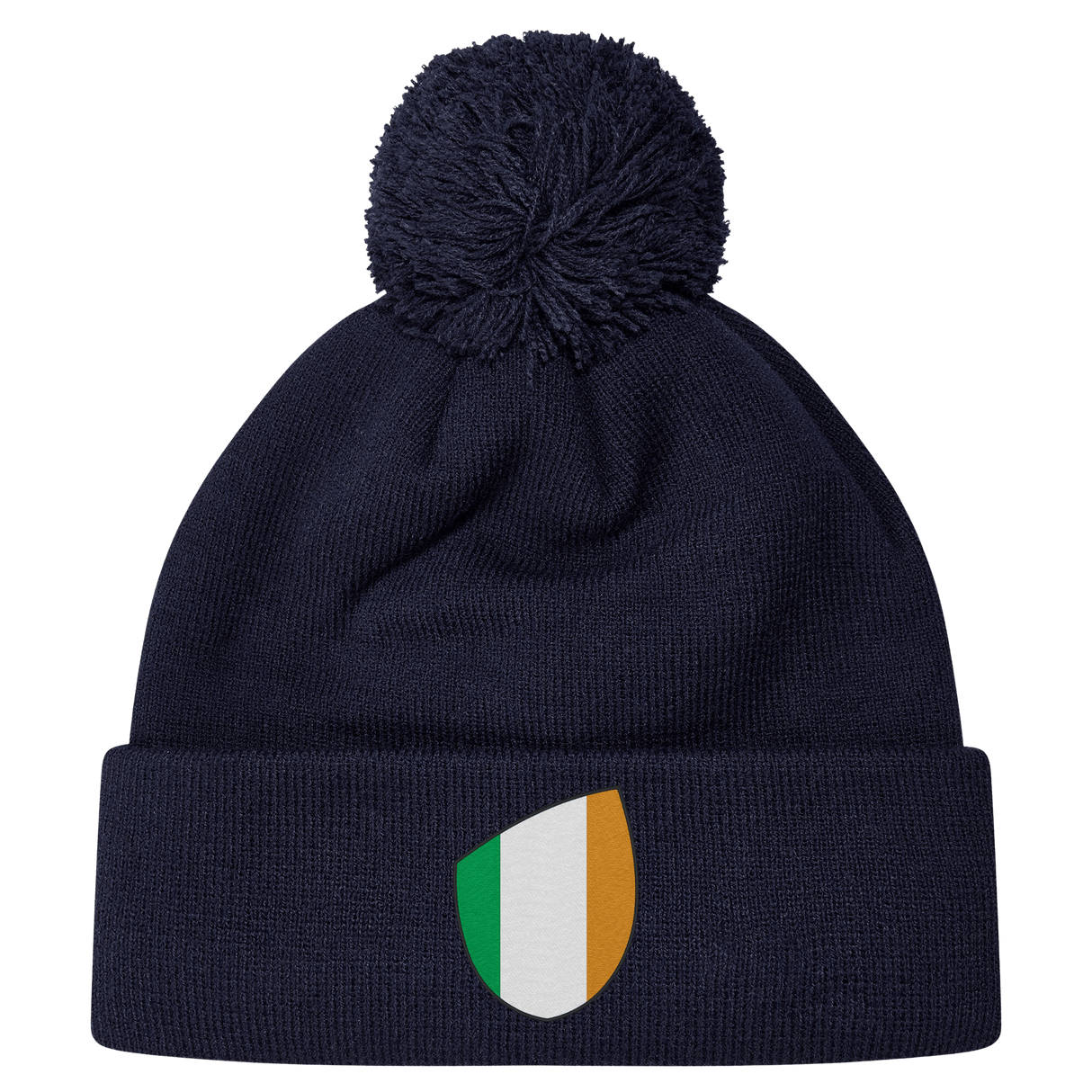 The Ireland Shield Pom-Pom Beanie by EMB Canterbury features a vibrant green, white, and orange Ireland shield emblem on a navy blue background.