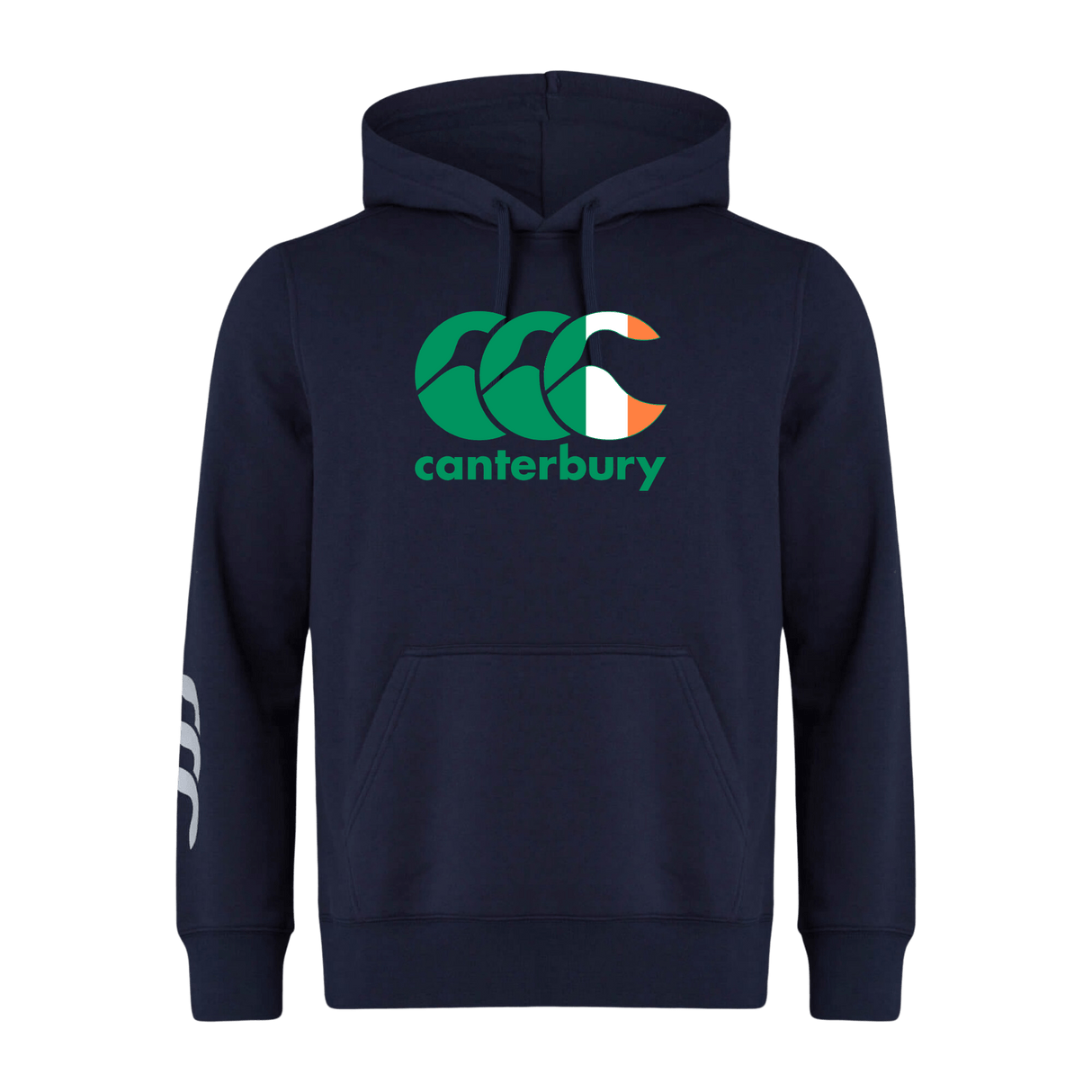 The Canterbury Ireland CCC Flag Club Hoodie by WRS Canterbury in navy blue features a vibrant green, orange, and white Ireland logo, with a subtle white CCC Flag Design on the left sleeve.