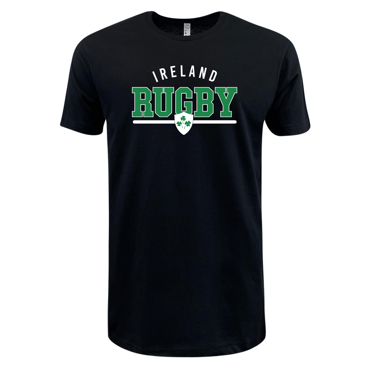 The WRS LAT Nations of Rugby Ireland Wordmark Supersoft Tee is a black T-shirt showcasing the Ireland Wordmark with a green and white shamrock emblem beneath. This supersoft tee combines comfort with pride for Irish rugby fans.