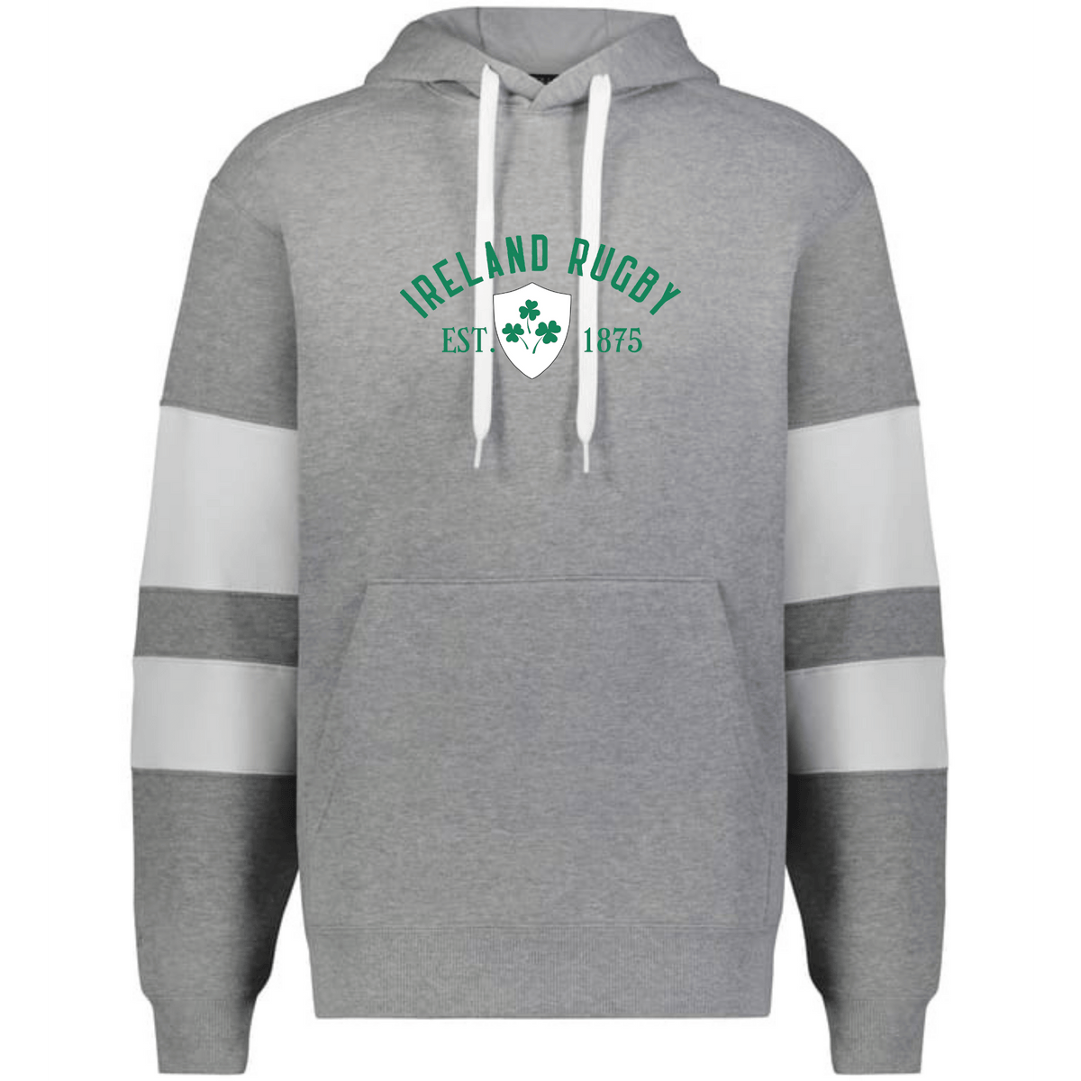 The WRS Augusta Nations of Rugby Ireland Est 1875 Jackson Way Hoodie features white drawstrings, white sleeve stripes, and a shamrock crest—perfect for any Ireland Rugby fan.
