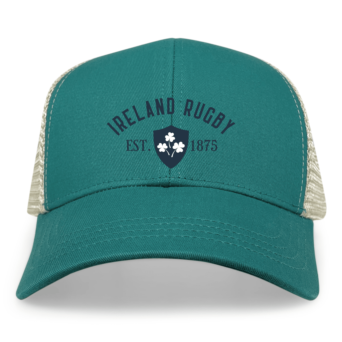 The EMB S&S Activewear Ireland Rugby 1875 Navy Text Eco Trucker Cap features a classic shamrock crest and "Ireland Rugby Est. 1875" on the front, combining sporty style with eco-friendly materials.
