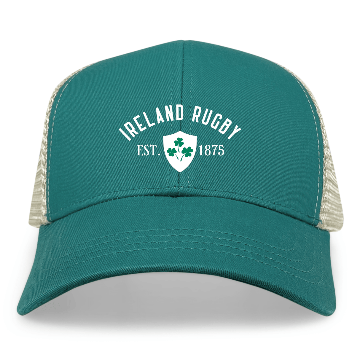 The Ireland Rugby 1875 White Text Eco Trucker Cap by EMB S&S Activewear features green and beige organic cotton mesh, with "Ireland Rugby Est. 1875" and a shield logo with three shamrocks on the front.