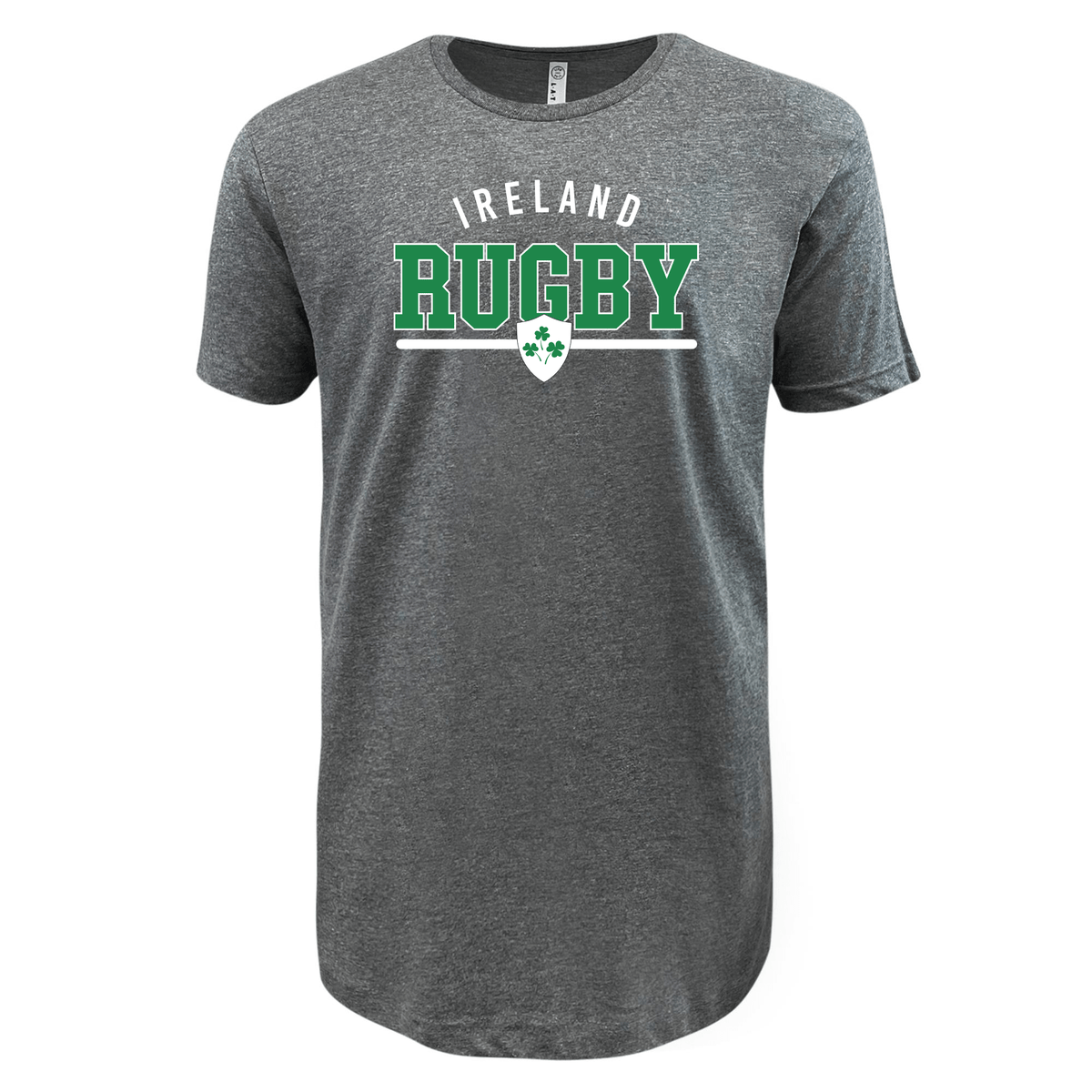 The Nations of Rugby Ireland Wordmark Supersoft Tee by WRS LAT is a grey, supersoft T-shirt featuring the text "Ireland Rugby" in white and green, with a small shield graphic beneath the Ireland wordmark.