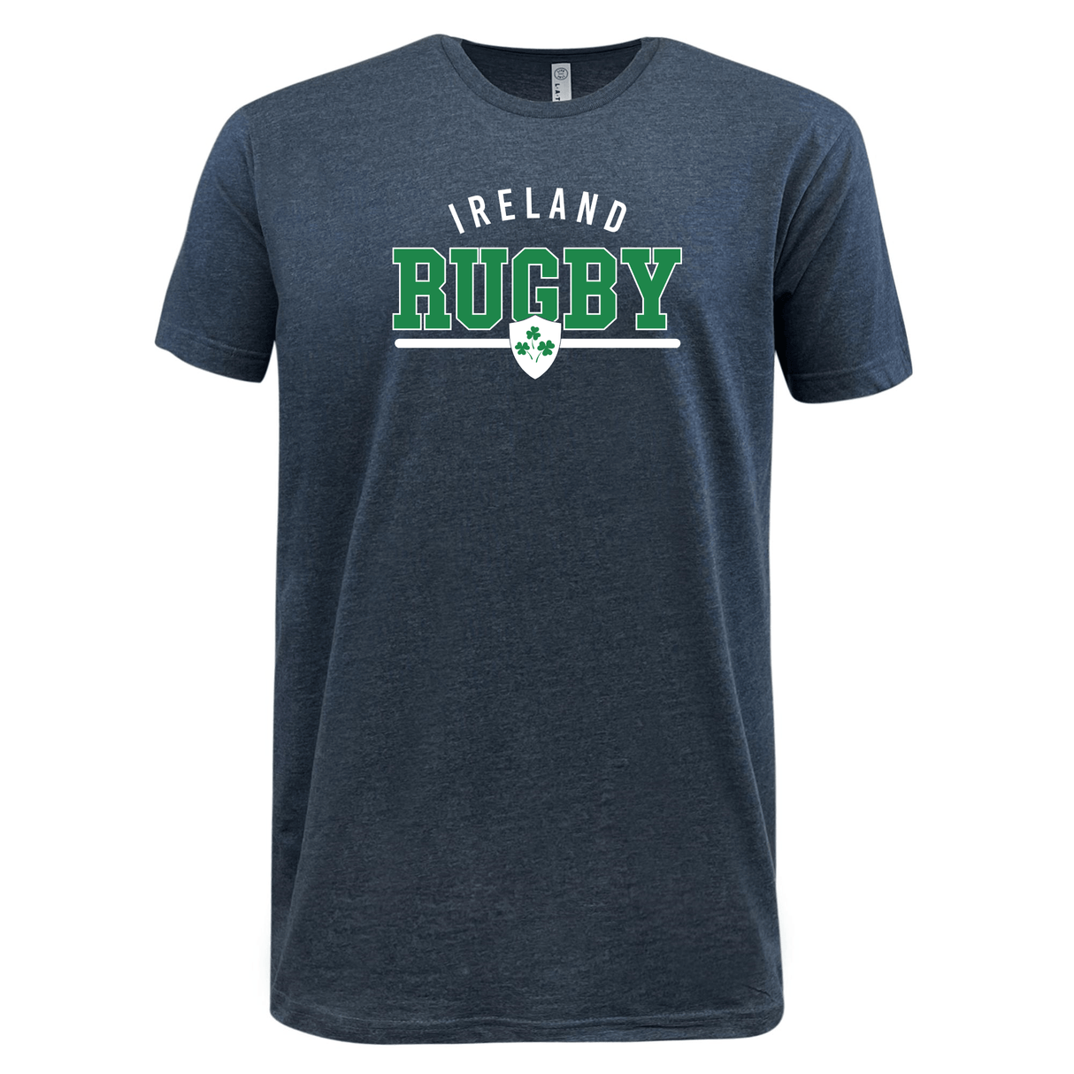 The WRS LAT Nations of Rugby Ireland Wordmark Supersoft Tee is a navy blue T-shirt featuring the bold "Ireland Rugby" wordmark in green and white letters above a white shield adorned with a green shamrock.