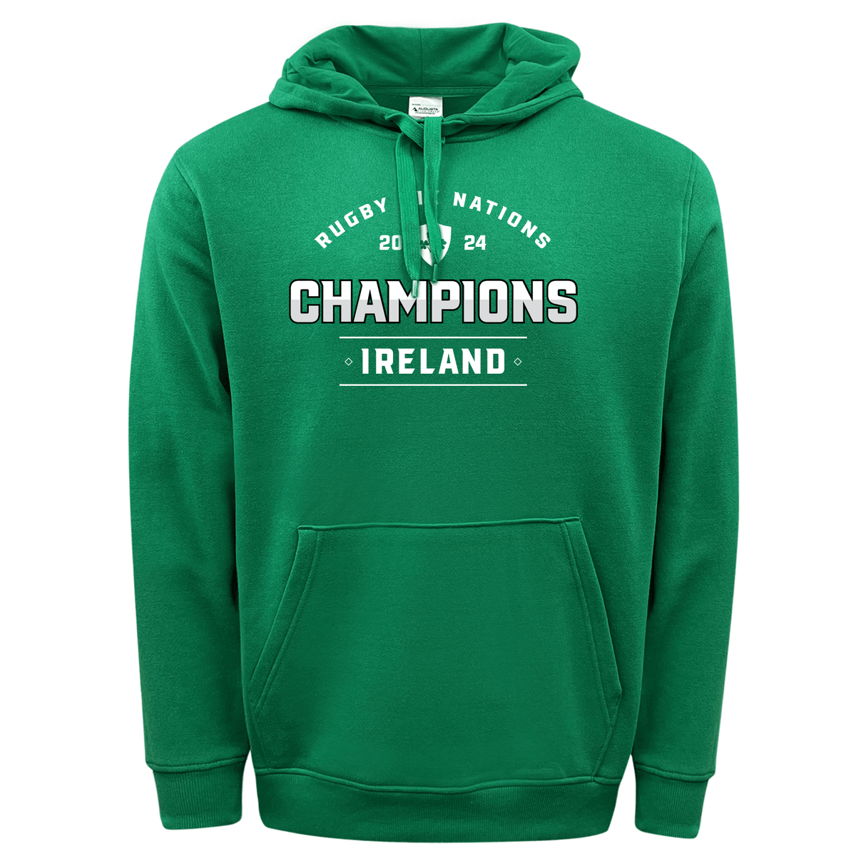 Green Ireland 6 Nations 2024 Champions 60/40 Hoodie pullover with WRS Augusta print.