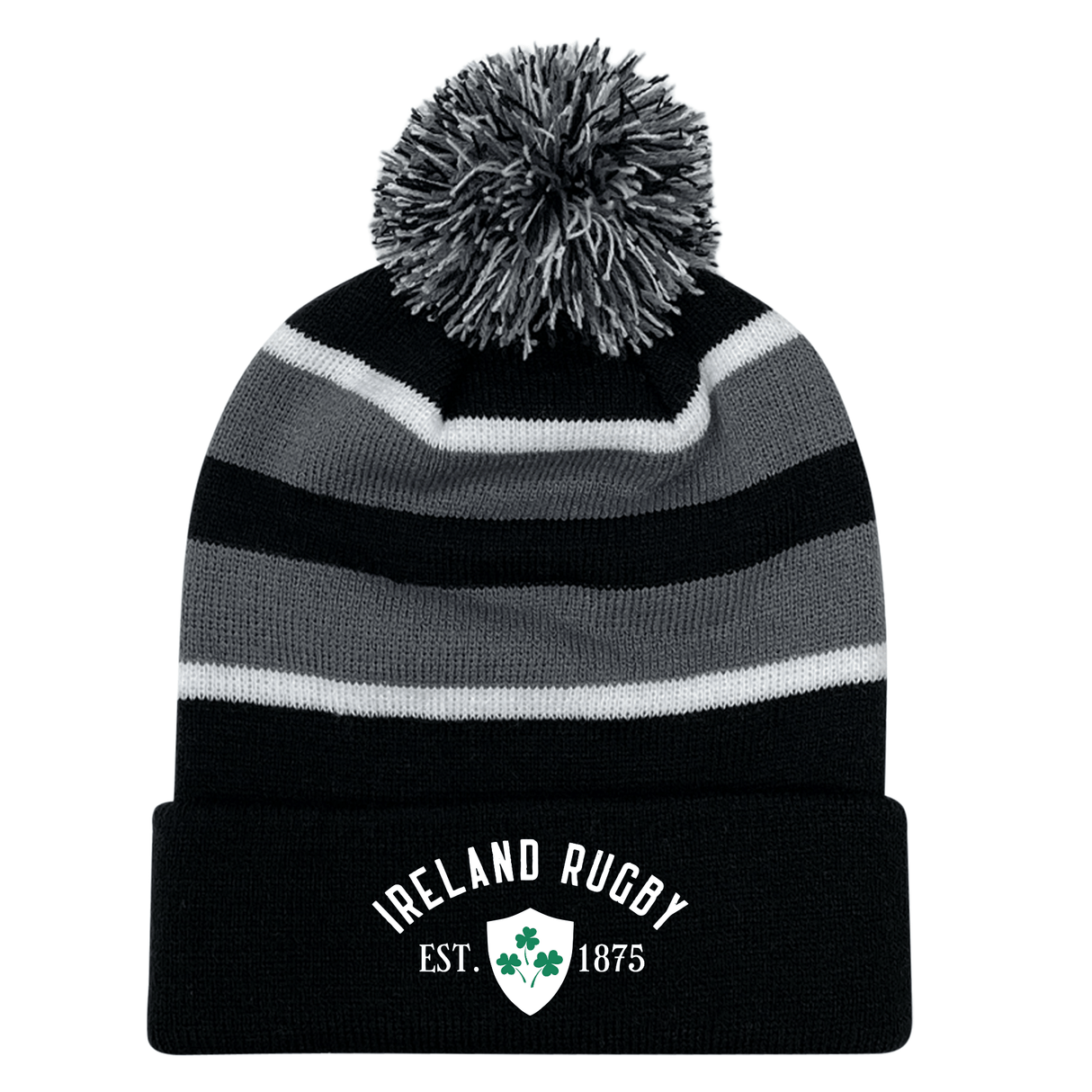 The Ireland Rugby 1875 White Text Hooped Pom-Pom Beanie by EMB Augusta features an embroidered design.
