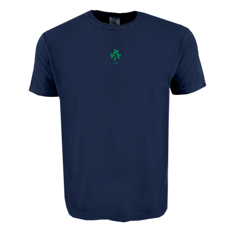 The EMB S&S Activewear Ireland Vintage Comfort Tee is a navy blue, short-sleeve shirt featuring a small green shamrock and "1975" on the chest—ideal for rugby fans seeking a classic, vintage style.