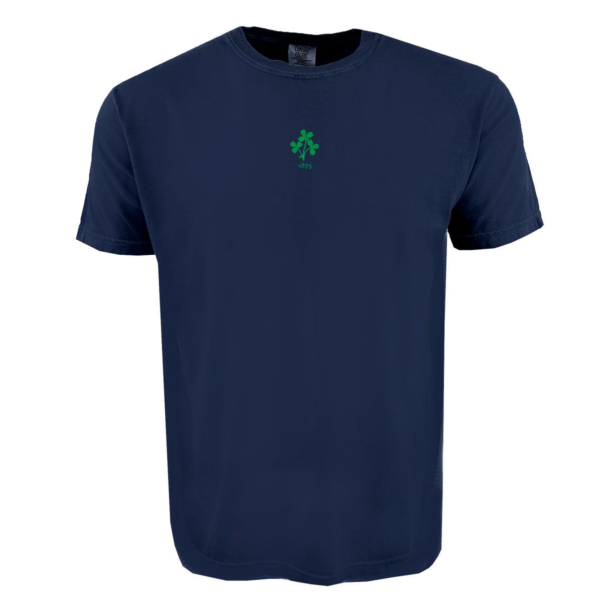 The EMB S&S Activewear Ireland Vintage Comfort Tee is a navy blue, short-sleeve shirt featuring a small green shamrock and "1975" on the chest—ideal for rugby fans seeking a classic, vintage style.