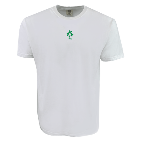 The EMB S&S Activewear Ireland Vintage Comfort Tee features a plain white design with a small green shamrock and "1875" on the chest—ideal for rugby fans who love subtle, vintage embroidery.