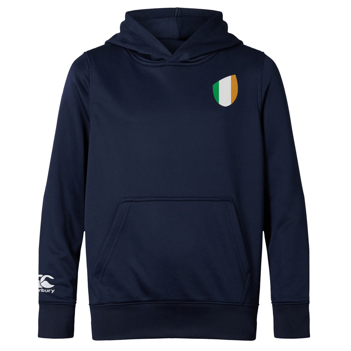The Ireland Shield Club Lightweight Hoodie by EMB Canterbury is a lightweight navy hoodie with a front pocket, featuring an Ireland shield emblem and Canterbury logo on the right sleeve.